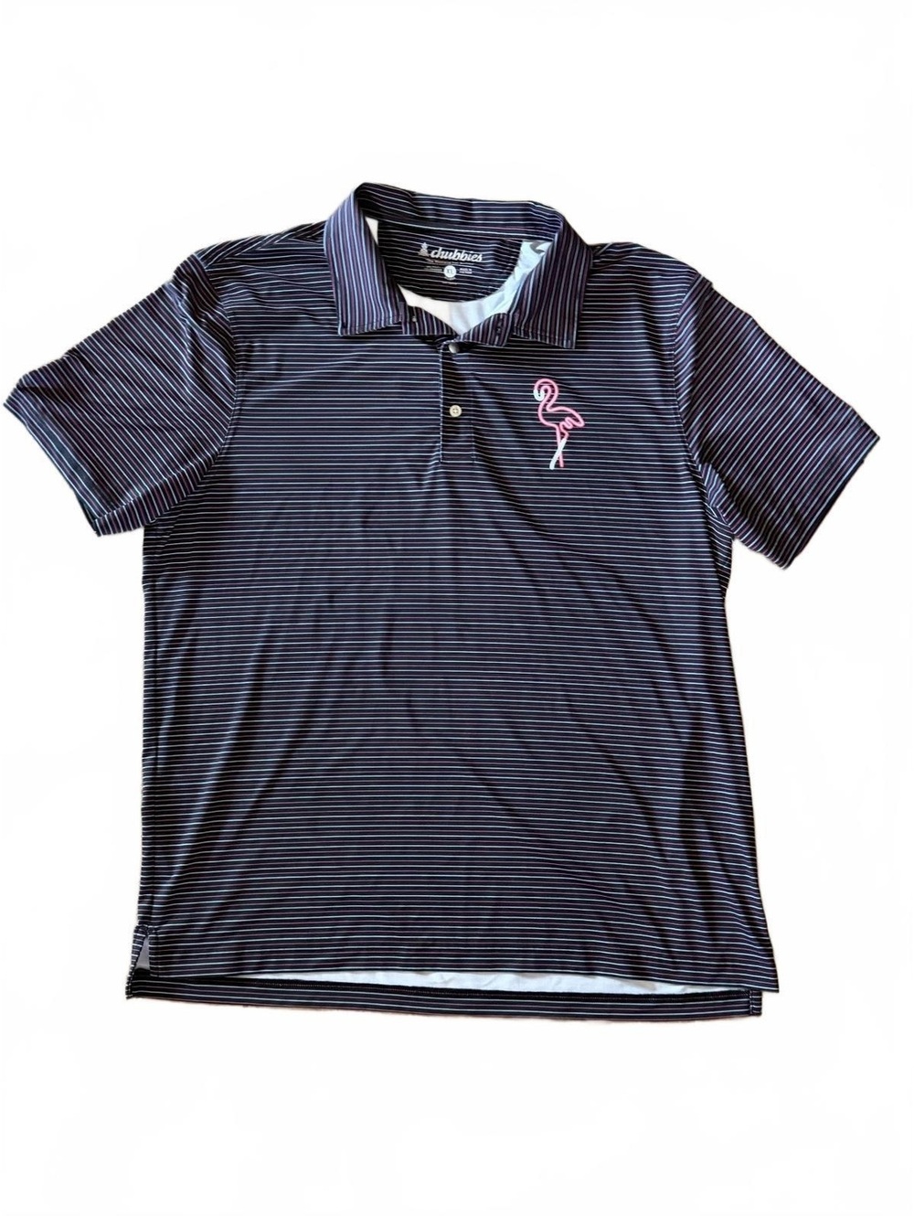 Chubbies XL Black Striped Polo Shirt with Pink Flamingo Golf Performance